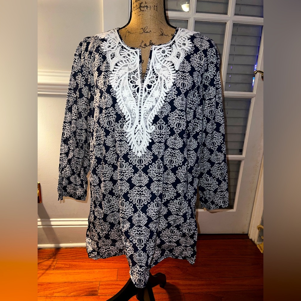 Talbots Boho Embroidered Cotton Tunic Top Size 2X